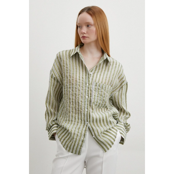 Transparan Çizgili Gömlek Haki