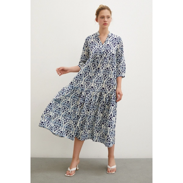 Hakim Yaka Desenli Maxi Elbise Lacivert