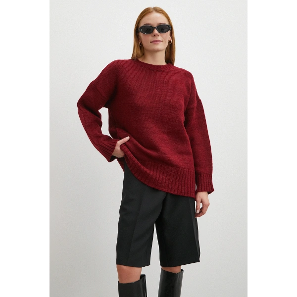 Bisiklet Yaka Fitilli Triko Kazak Bordo