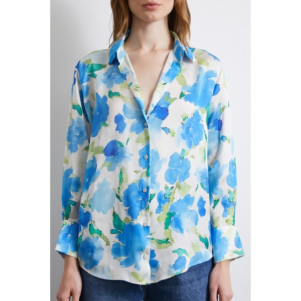 Çok Renkli Çiçek Desenli Gömlek Lacivert