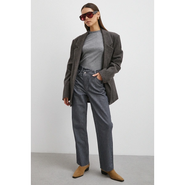 Çapraz Fermuarlı Kesik Paça Düğmeli Jean Füme