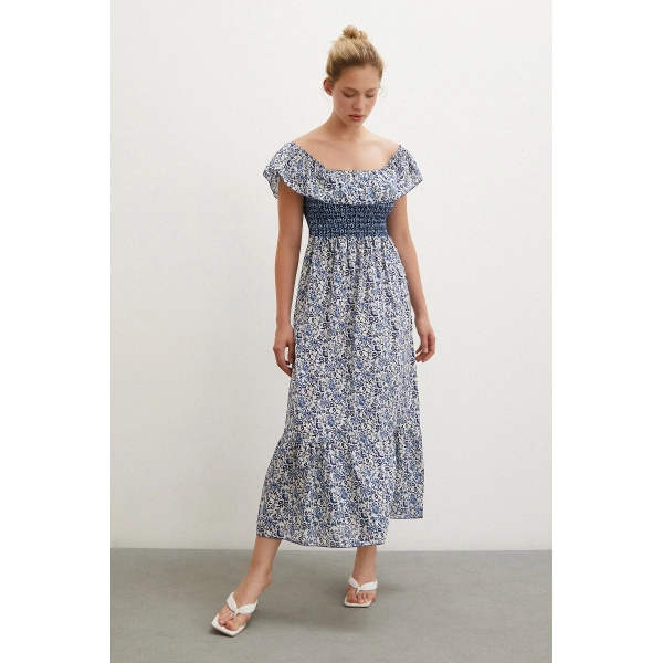 Bel Gipeli Maxi Elbise Mavi