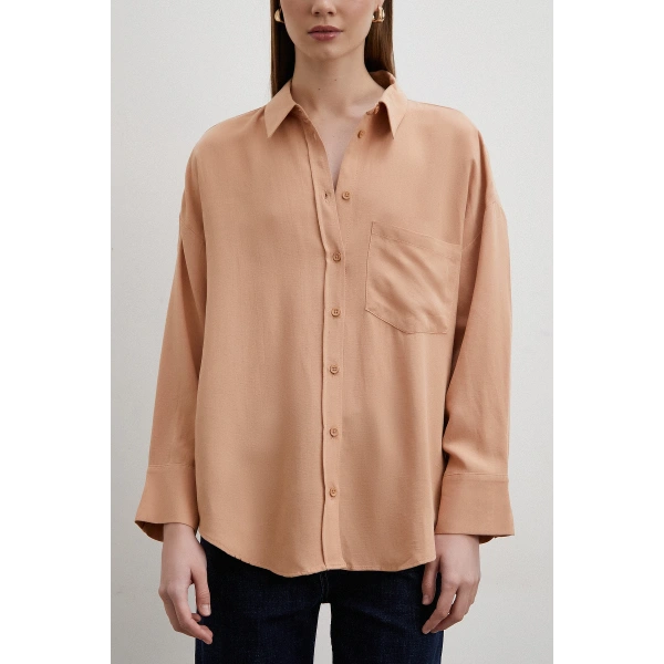 Keten Karışımlı Linen Prunes Gömlek Pudra