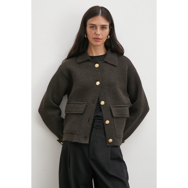 Polo Yaka Cepli Gold Düğmeli Ceket Kahve