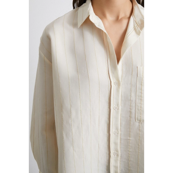 Kontrast Çizgili Modal Gömlek Bej