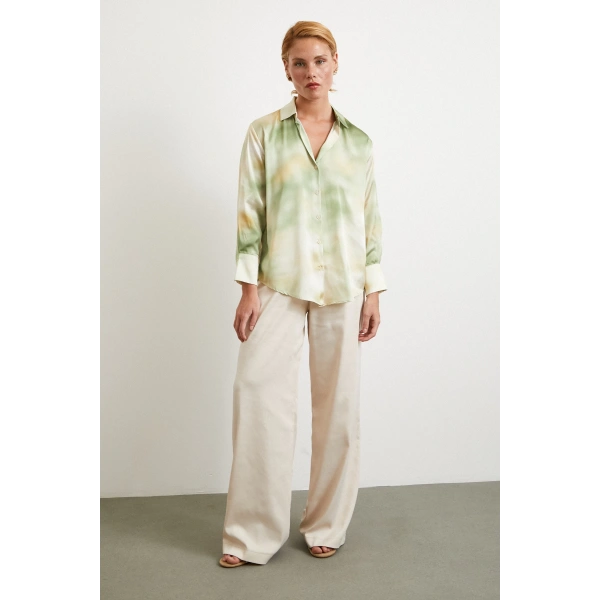 Ebruli Desen Saten GömleK Yeşil