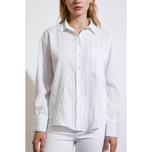 Çizgili Cepli Gömlek Mavi