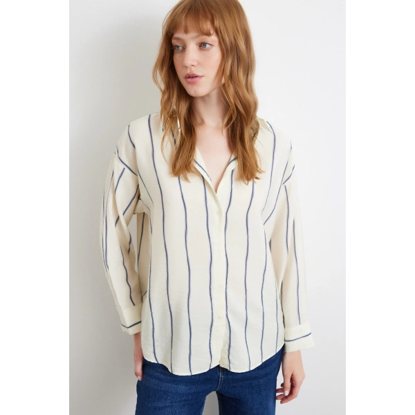 Çizgili Modal Gömlek İndigo