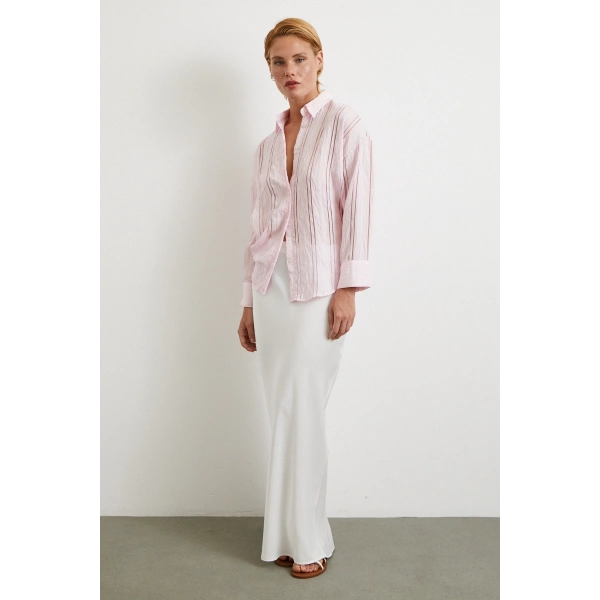 Organze Çizgili Gömlek Pembe