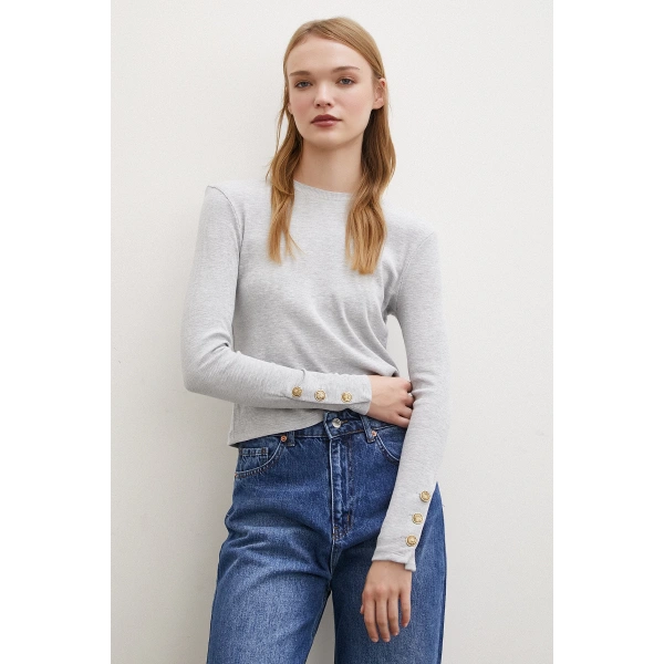 Kollu Düğmeli Bluz Gri