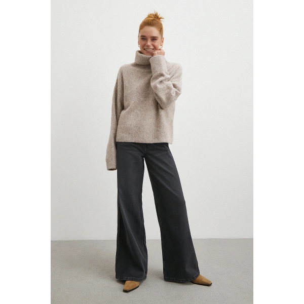 Yüksek Bel Geniş Paça Jean Siyah