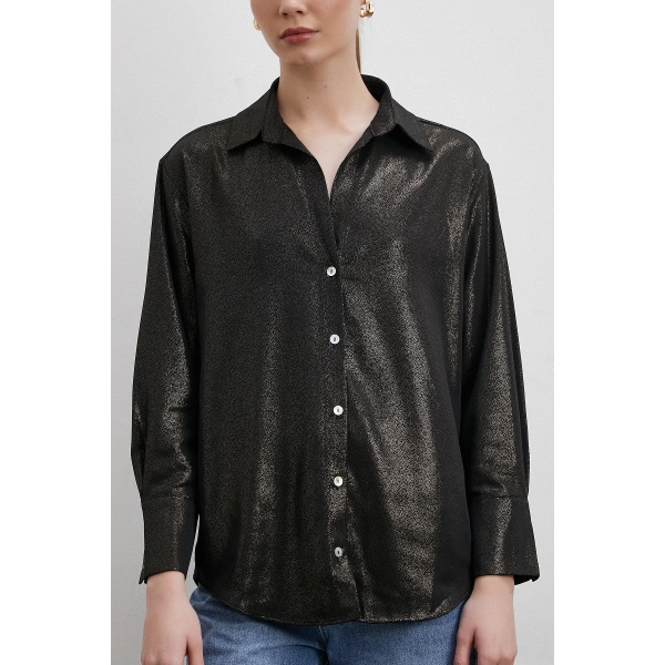 Varaklı V Yaka Gömlek Siyah