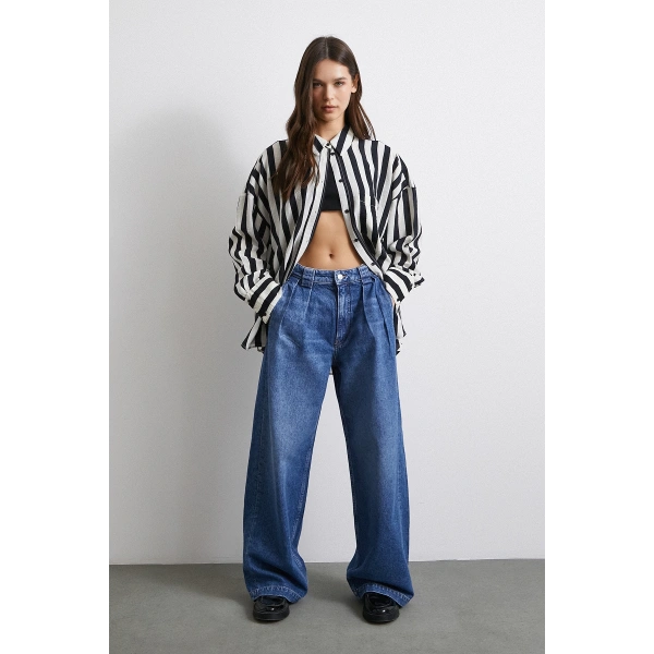 Yüksek Bel Pileli Geniş Paça Jean Mavi