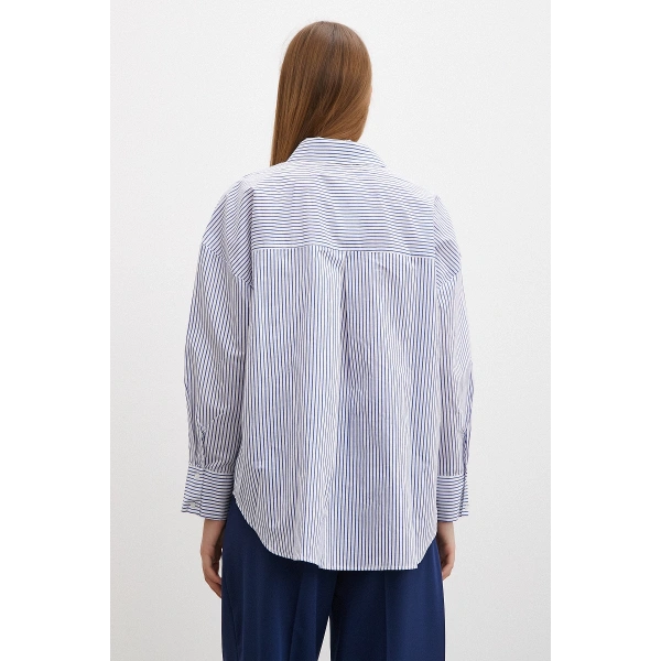 İnce Çizgili Poplin Gömlek Mavi