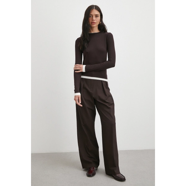 Garnili Bisiklet Yaka Bluz Kahve