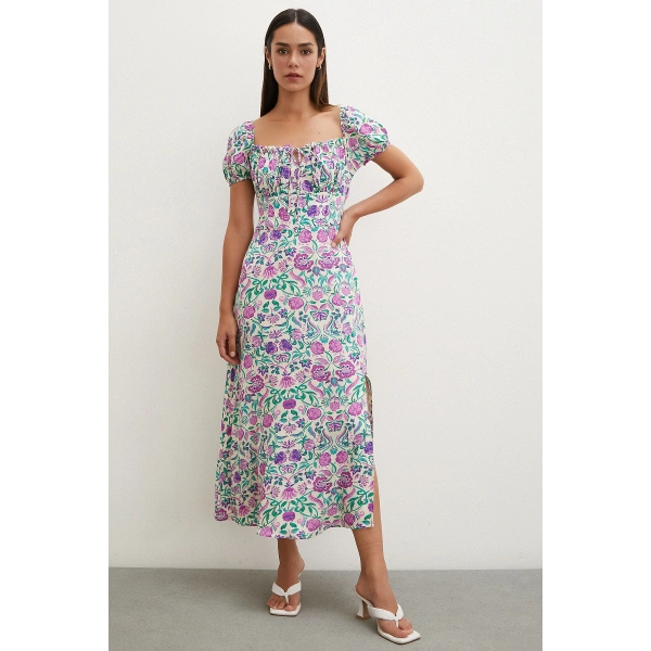 Önü Bağcıklı Madonna Viskon Elbise Lila