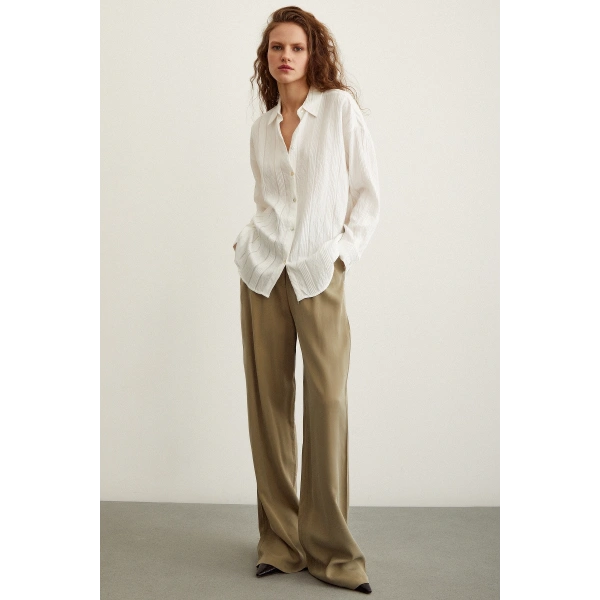 Dokulu Çizgili Gömlek Beyaz