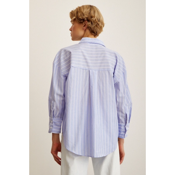 Çizgili Poplin Gömlek Açık Mavi