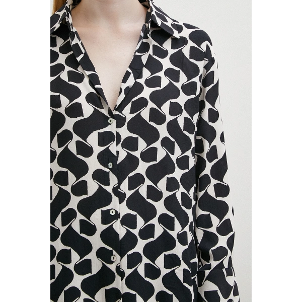 Kontrast Desenli Maroken Viskon Gömlek Siyah