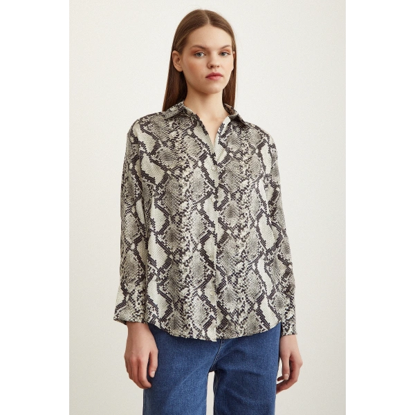 Yılan Desen Saten Gömlek Taş