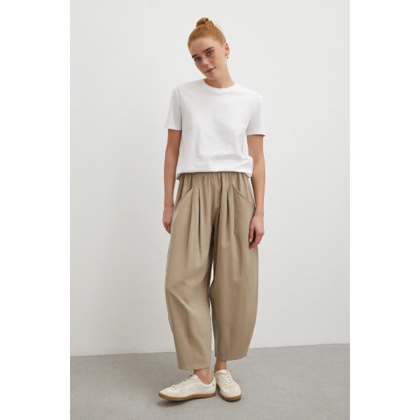 Bağcıklı Beli Lastikli Pileli Pantolon Taş