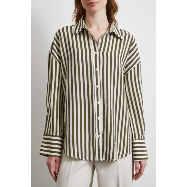 Çizgili T Kol Gömlek Haki