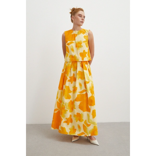 Beli Lastikli Batik Desen Piliseli Etek Sarı