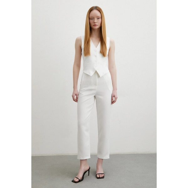 Önü Pensli Skinny Kumaş Pantolon Ekru