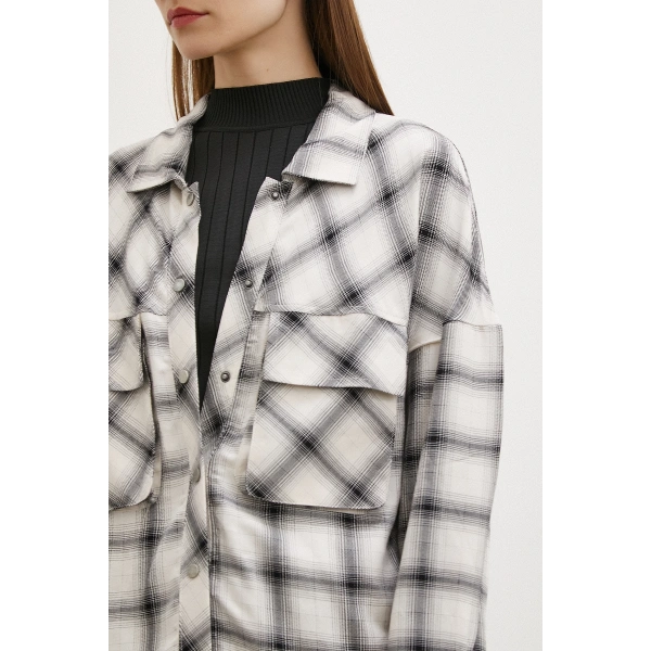 Körüklü Cepli Ekose Gömlek Krem