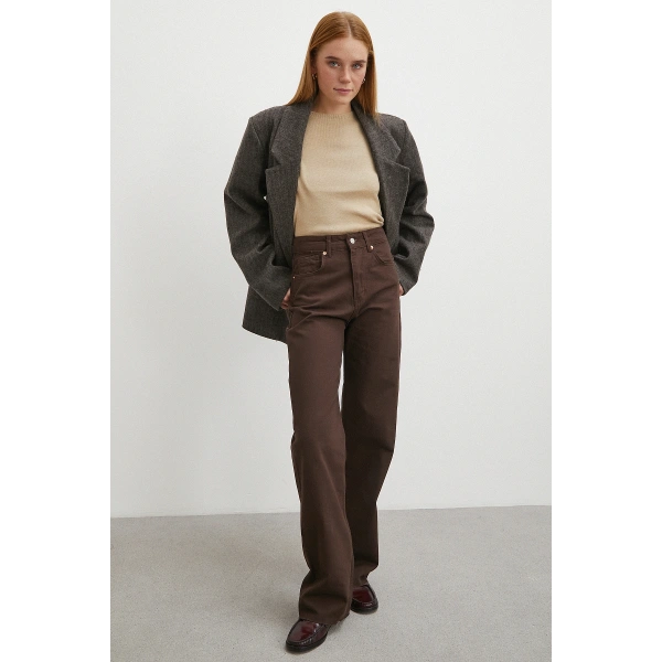 Yüksek Bel Kesik Boru Paça Jean Kahve