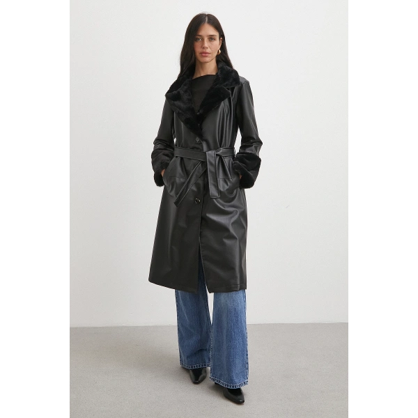 Kürklü Kuşaklı Deri Pardesü Siyah