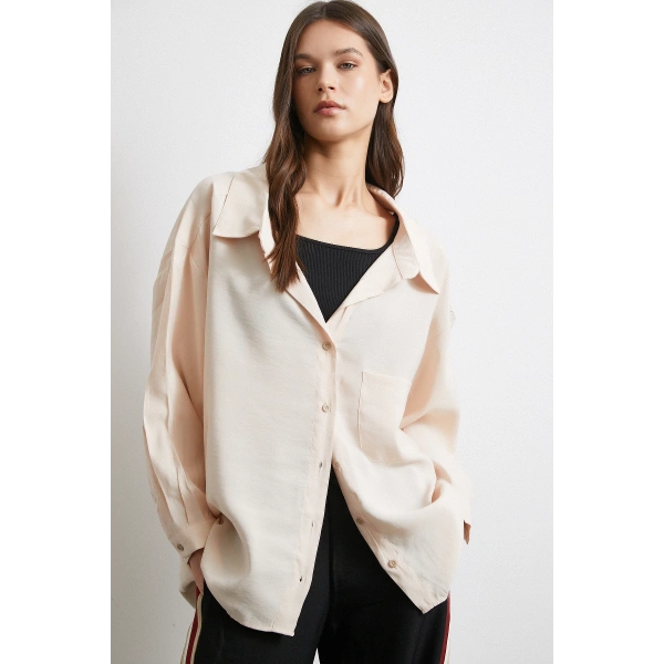 Oversize Cepli Modal Gömlek Bej