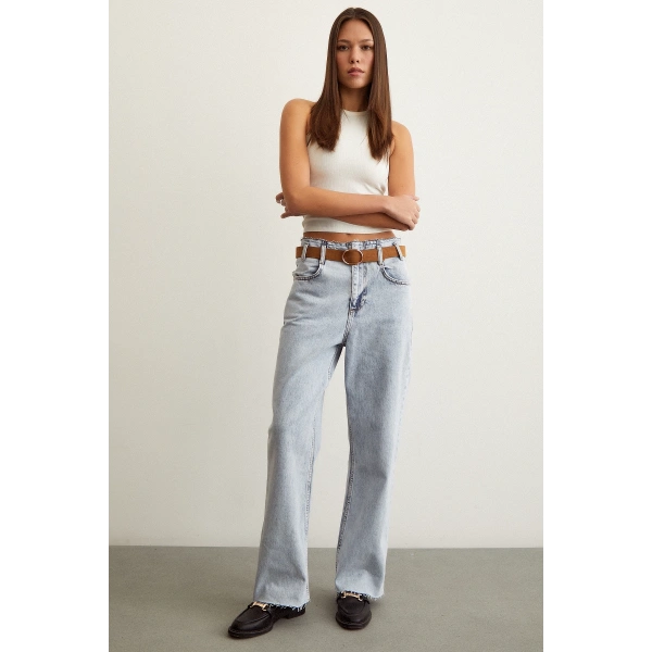 Beli Dikişsiz Kemerli Pantolon Mavi