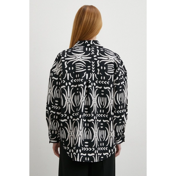 Krep Kontrast Desenli Gömlek Siyah