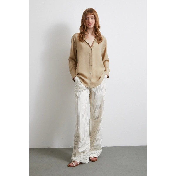 Kraşlı Saten Gömlek Bej