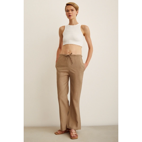 Beli Lastikli Biyeli Yüksek Bel Pantolon Haki