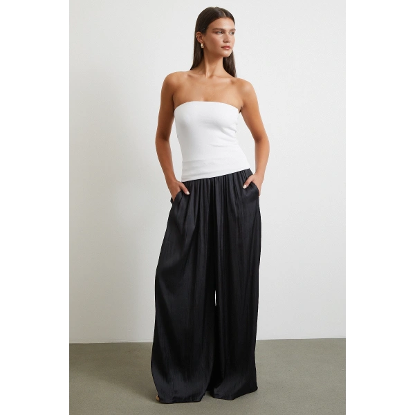 Beli Lastikli Geniş Paça Büzgülü Pantolon Siyah