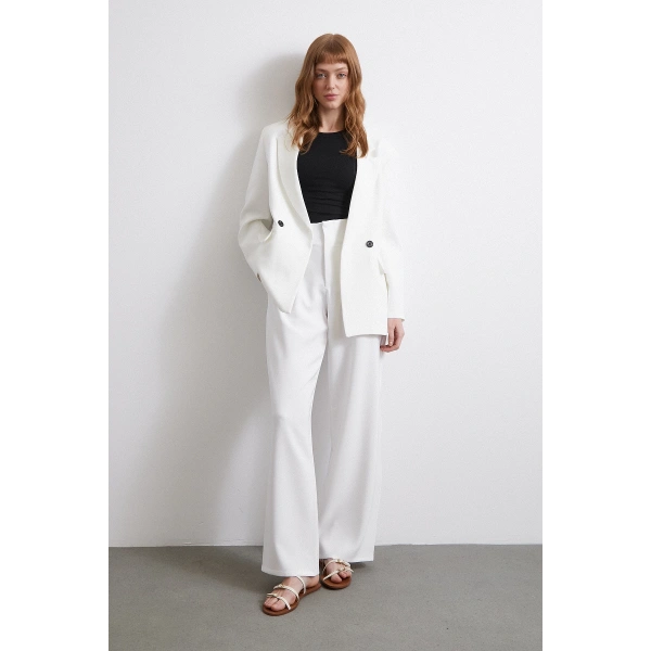 Bel Detaylı Wide Leg Pantolon Ekru
