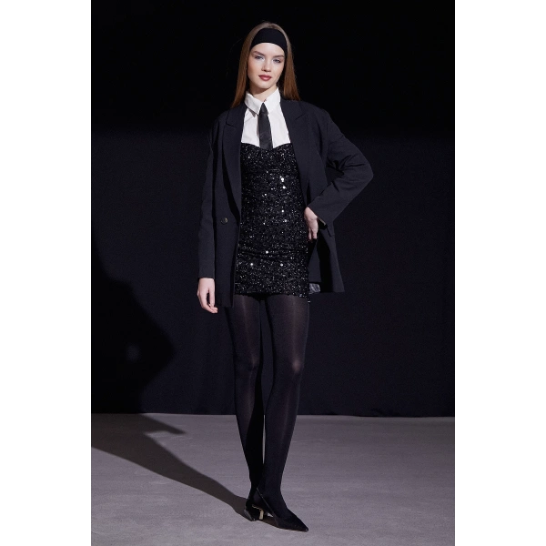 Askılı Pul Elbise Siyah