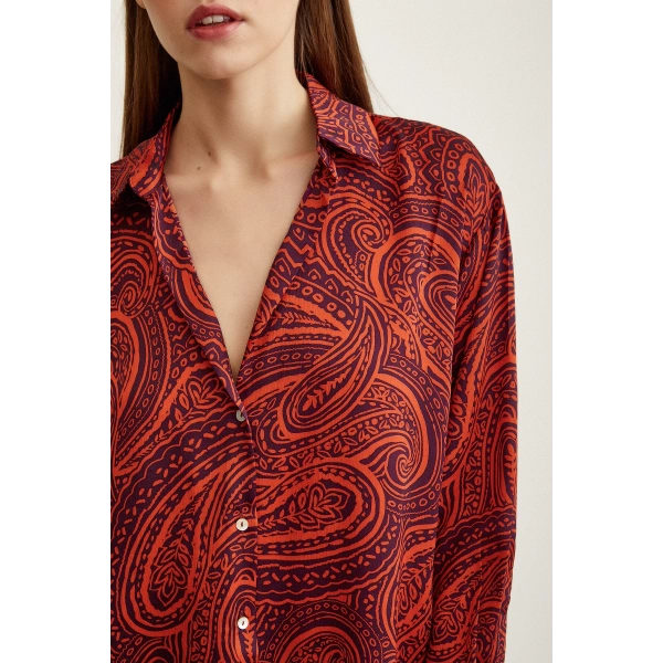 Desenli Saten Gömlek Turuncu