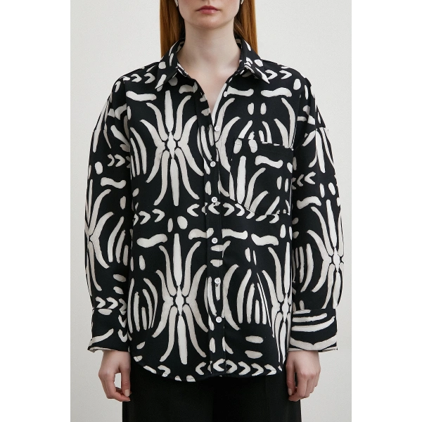 Kontrast Etnik Desen Krep Gömlek Siyah