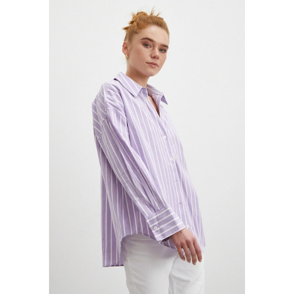 Uzun Kollu Çizgili Gömlek Lila