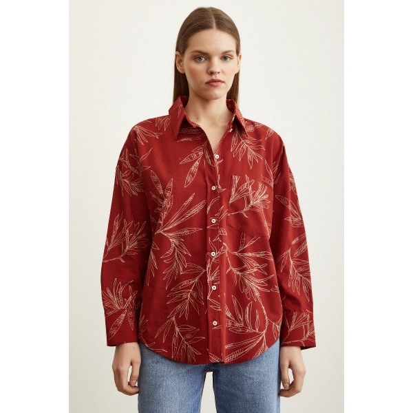 Çiçek Desenli Poplin Gömlek Kiremit