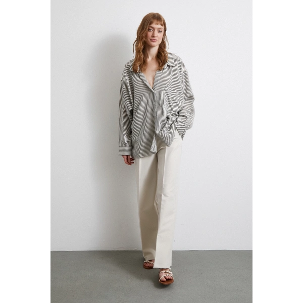 Yarasa Kol Çizgili Gömlek Haki