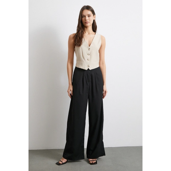 Yüksek Bel Beli Lastikli Geniş Paça Pantolon Siyah