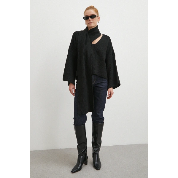 Fitilli Şal Yaka Kazak Siyah