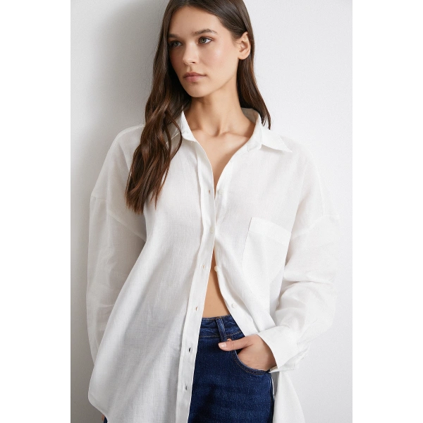 Cepli Oversize Keten  Gömlek Ekru