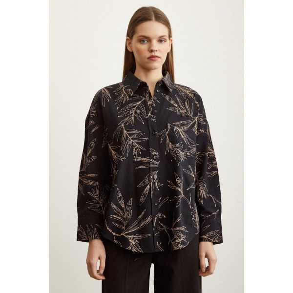 Çiçek Desenli Poplin Gömlek Siyah