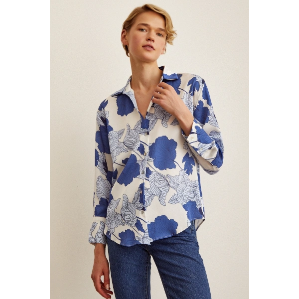 V Yaka Saten Gömlek Mavi