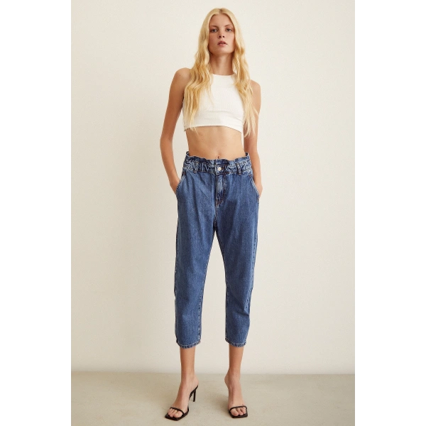 Beli Lastikli Mom Jean Mavi